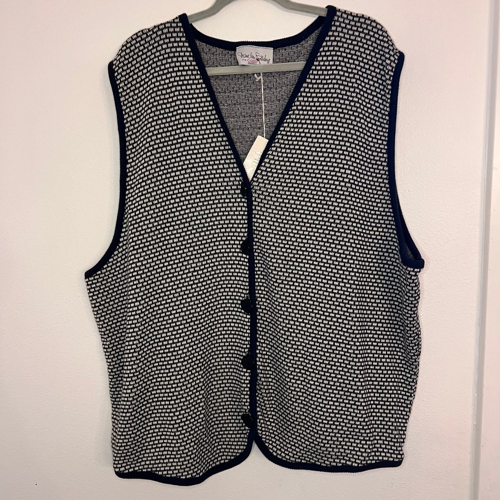 Vintage DVF Sweater Vest‎ Womens 3X Black White Button Academia Minimalist NWT